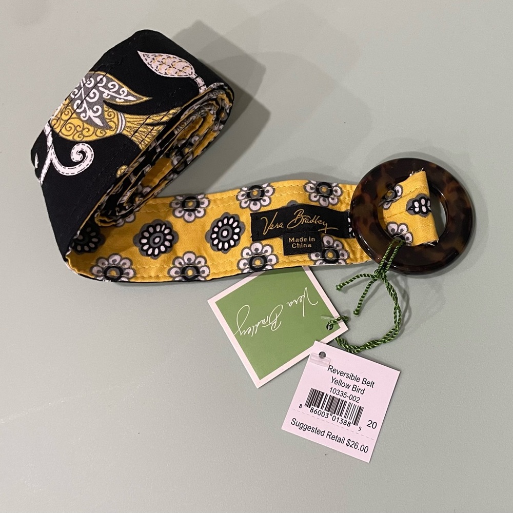 NWT Vera Bradley Reversible Yellow Bird Pattern Belt Yellow Black Retired 💛